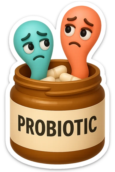 EMOJI STILE IPHONE DI UN barattolo di PROBIOTICI APERTO DA CUI ALL'INTERNO ESCONO BATTERI INTESTINALI TURCHESI E ROSA SALMONE CON ESPRESSIONE DUBBIOSA IN VOLTO, IPERREALISTICO 4K sticker