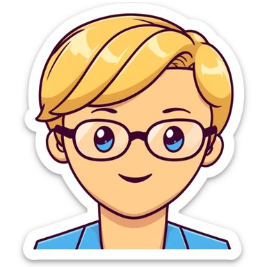 blonde teacher with pixie haircut, gold glasses, blue eyes, big eyelashes, nice smile sticker