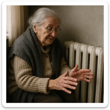 Grandma warms his hands by the heating radiator.  sticker