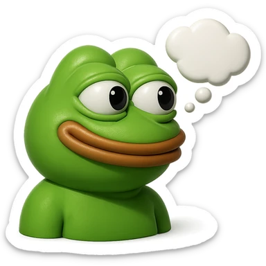 make a pepe in bright green smiling with thought bubble looking at right right in 3d style, good highlights and shadows, drop shadows sticker