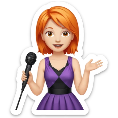 singer, Middle age, orange hair, happy, holding mic, wearing dress sticker