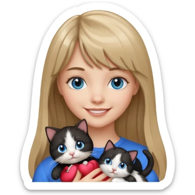 Apple-style emoji sticker of a young woman with long dark blond hair and bang, blue eyes , holding a black and white kitty sticker