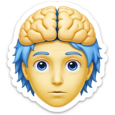 A real person face emoji, skin is emoji yellow, and hair is replaced by a blue brain sticker