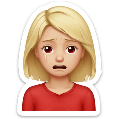 A girl pouring her eyes out crying and pulling off her hair so bad wearing red and is blond sticker