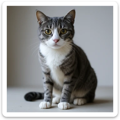 Make the cat skinnier by a little, keep it realistic with lifelike details. The cat should have a white nose and underbelly, gray fur, and maintain a lifelike appearance. sticker