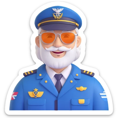 middle-aged male pilot, white skin, silver hair, beard, smiling, wearing sunglasses, pilot uniform and hat, round face, simple features, 3D look, clean background sticker