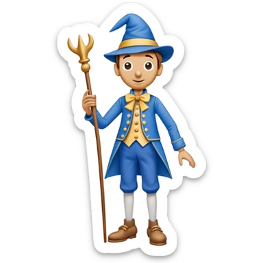 Wooden puppet Pinocchio with a long nose, wearing blue clothes and a pointed hat sticker