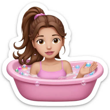 girl with wavy long ponytail brown hair, brown eyes, light to medium complexion, long lashes, light pink lipstick, wearing light pink shirt, lying full body in a white bathtub with bubbles sticker