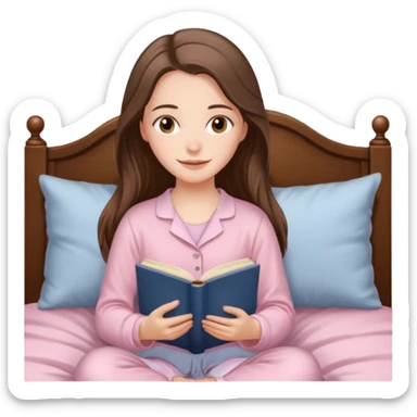  happy white long brunette hair girl with hazel eyes in light pink pajamas reading Pride and Prejudice sticker
