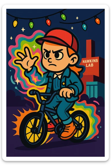 Stranger Things inspired character in vibrant toon style, variation with bicycle, Eleven's powers with supernatural effects, Christmas lights, Hawkins Lab in background. sticker