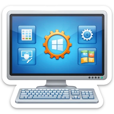 An icon featuring a computer screen with an operating system interface, showing windows, icons, and a taskbar. The design includes code snippets, system settings, and a gear symbol, representing the management and control of computer hardware and software. Transparent background sticker