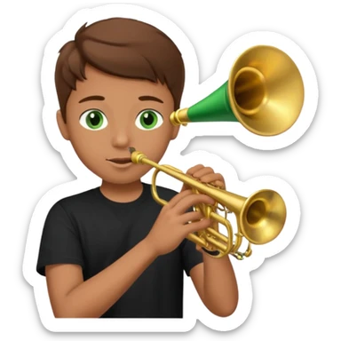 young man with brown hair that goes up, green eyes who plays a trumpet, black t shirt sticker
