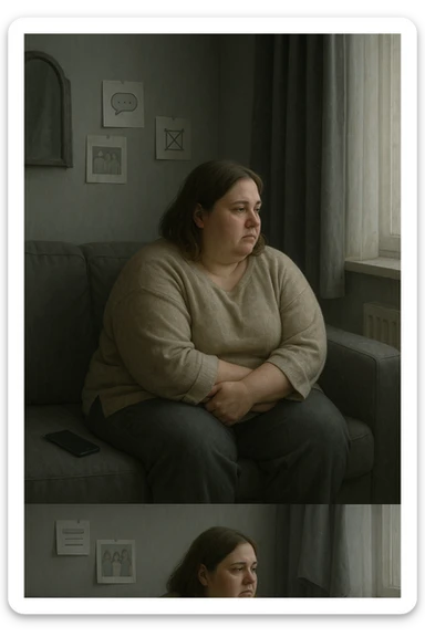 Donna tra i 30 e i 40 anni seduta sola su un divano, con espressione malinconica e corpo visibilmente appesantito. Indossa abiti larghi, avvolgenti, e guarda fuori dalla finestra mentre il telefono è spento o con notifiche ignorate accanto a lei. Sullo sfondo, si notano segnali di vita sociale assente: messaggi non letti, inviti ignorati, foto di gruppo a cui non partecipa. L’atmosfera è silenziosa, con luce grigia e ambiente spento. Intorno a lei, simboli di ritiro e insicurezza: tende chiuse, specchio coperto, postura chiusa. Stile realistico, tono delicato ed emotivo sticker