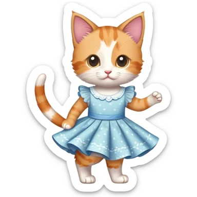a cute kitten wearing a dress and kicking her leg out to the side sticker