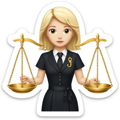 woman lawyer blanche et blonde habillée avec une robe noire longue et une cravate blanche, avec la balance de la justice derrière elle sticker