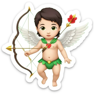 cupid asian baby flying full body with wings with brown eyes and dark hair handled bow and arrow directed to green emoji heart sticker
