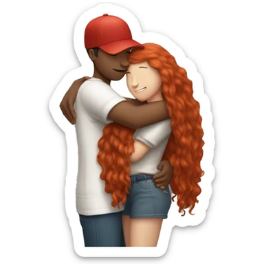 Girl with long red hair hugging tall boy with backwards baseball hat sticker