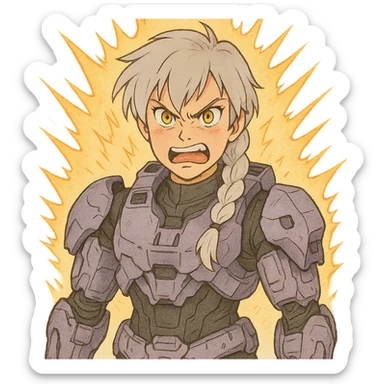 making an angry scowl rage face, rage aura,  female, wearing reach spartan armor shoulder-unequip, long white braid hair with massive messy front side single bangs, gold yellow eyes, attention pose, D-cup size, HALO:series, no helmet, the armor is lavender color scheme, sticker