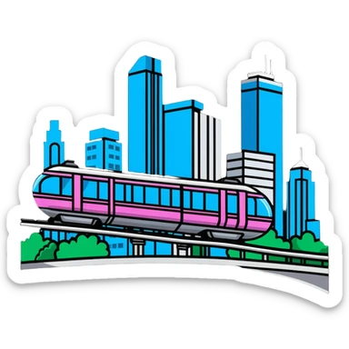 Futuristic monorail train curving above a cityscape with tall buildings sticker