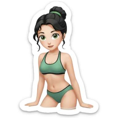 Fullbody nude very beautiful white young woman very beautiful face with freckles, green almond eyes long lashes, wavy  black hair in a bun i big boobs, big ass, sexy body,  bending over, getting ready for sex, realistic, big ass, busty but skinny, white socks on, and gray bikini but rest nude sticker