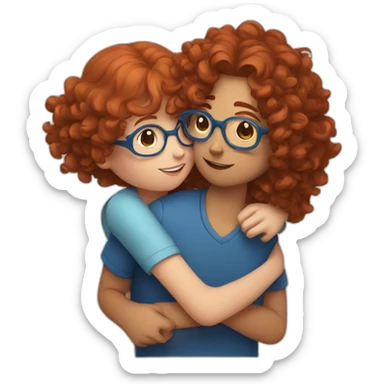 girl with curly red hair and blue glasses hugging a boy with brown hair sticker