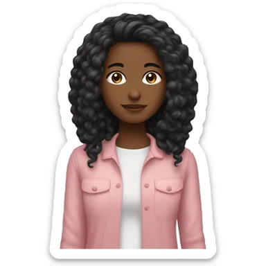 cabelo longo preto enrolado, menina pele bege, olhos pretos, roupa rosa claro. sticker