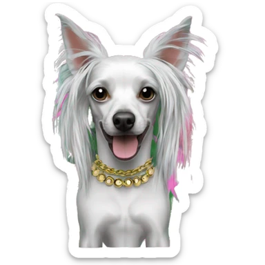 Punk tropical palm leaves flowers Chinese crested dog neon rainbow cyan green pink hair gold chain punk piercings tattoos punk ear piercings sticker