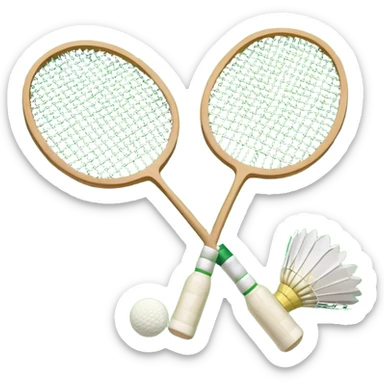 Two crossed badminton rackets with a shuttlecock resting in between, set against the faint outline of a badminton court. The image highlights the tools of the sport, with a subtle emphasis on the court's net and boundaries, symbolizing competition and skill. sticker