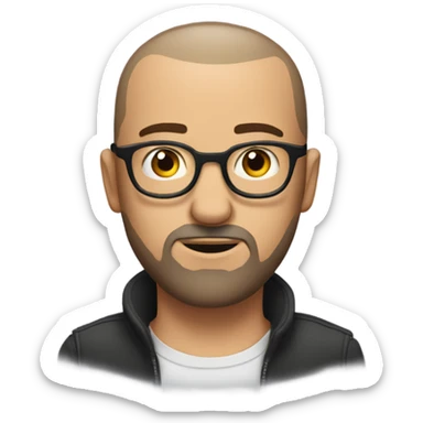 man, with glasses, with a well-groomed beard, and shaved hair (buzz cut) with a broken heart drawing sticker