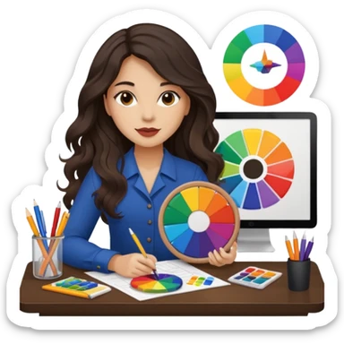 female dark wavy long hair graphic designer , holding color wheel , pens, papers, desktop sticker