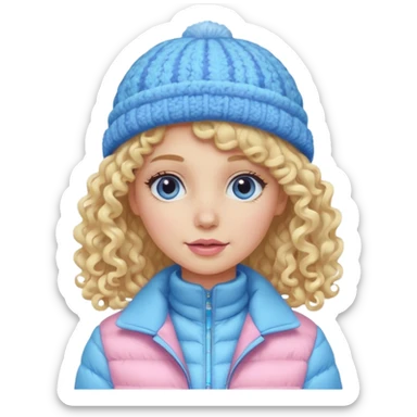Curly longe blonde hair lady with pink and blue pastel jacket and blue pastel winter hat sticker