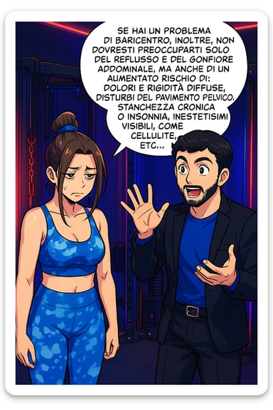 TRASFORMA QUESTO CAROSELLO IN UN FUMETTO STILE WEBTOON/MANGA A COLORI CON QUESTE DUE PERSONE IDENTICHE CHE INTERLOQUISCONO TRA LORO, L'uomo sta spiegando alla donna questo concetto:

Se hai un problema di baricentro, inoltre, non dovresti preoccuparti solo del reflusso e del gonfiore addominale, ma anche di un aumentato rischio di:
    • dolori e rigidità diffuse
    • disturbi pavimento pelvico
    • stanchezza cronica o insonnia
    • inestetismi visibili, come celluluite
    • etc… sticker