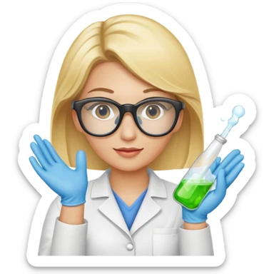 Eine hellblonde Chemikerin mit Kittel, Handschuhen, großer Labor-Sicherheitsbrille und typischem Erlmeyerkolben in der Hand sticker