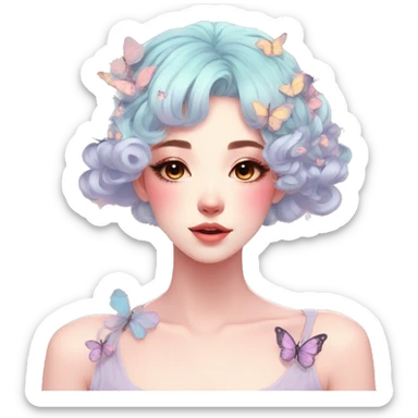 Gorgeous Pastel Anime-Style Lady With Butterflies on head aesthetic trending style sticker