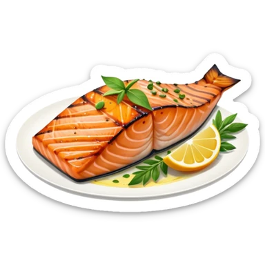 Cinematic perfectly grilled salmon, rich orange hues with crispy skin, garnished with fresh herbs, drizzled with lemon, ultra-detailed and delicious. sticker