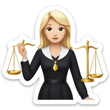 woman lawyer blanche et blonde habillée avec une longue robe noire et un col blanc, avec la balance de la justice derrière elle sticker