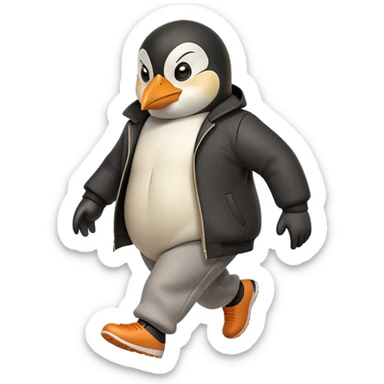 friendly anthropomorphised penguin wearing a mafia-style tracksuit, angry expression, tense hurried stride sticker