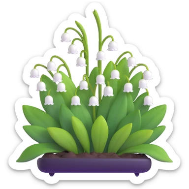 Realistic lily of the valley with correct leaf structure - large elliptical leaves from base, with center flower stem bearing small white bell flowers hanging in a row sticker