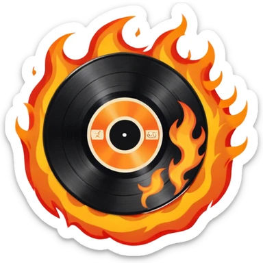 a black vinyl record on fire with a white center sticker sticker