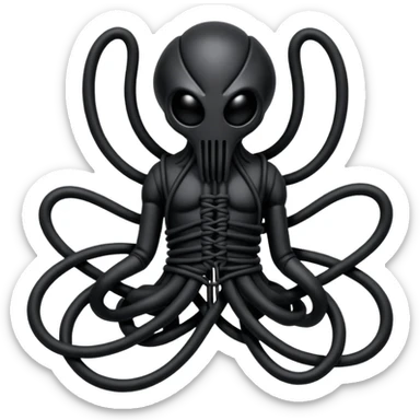 dark intertwined black wires forming an occult creature, wrapped in black rags and bondage straps, Giger-inspired sticker