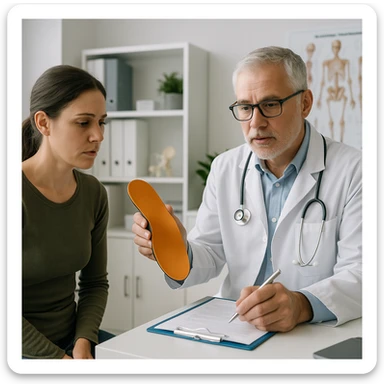 Realistic 4K image of a woman consulting an orthopedist who is taking notes, showing an orthotic insole and explaining her postural problems, professional medical environment. sticker
