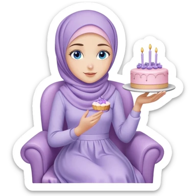 Turkish beautiful finish Konya girl blue eyes with pastel hijab long tail dress and sits on the chair and holds lavender cake with her hand  sticker