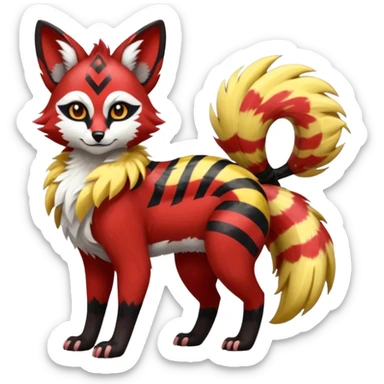 Futuristic sanguine-red banana-yellow black chevron-marked furry fluffy floofy feathery tribal marked Genet-Absol-Kyurem-Zeraora-Primagen-fusion-creature  sticker