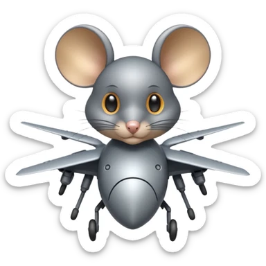 A mouse combined with a military drone, with mechanical wings and a determined expression, flying through the city sticker