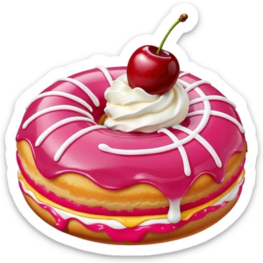 Round donut with smooth pink icing and thin white drizzle lines, golden-brown dough visible on the sides.
White whipped cream dollop in the center topped with a glossy red cherry and stem, clean studio lighting, pure white background, realistic minimal emoji-style. sticker