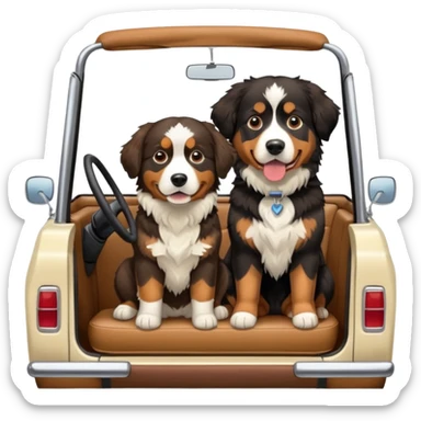 Cream colored ford bronco with no roof and Bernese mountain dog in the seat sticker