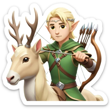 clash-of-clans-aesthetic-blond-male elf-archer-portrait-emoji, rendered in a flat, vector-style with minimal shading and bold holding his bow, simplified shapes, head tilted slightly forward with a determined, focused expression, riding a majestic white stag whose antlers glow with mystical energy, set against an ancient, enchanted forest backdrop. sticker