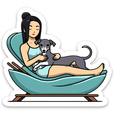 Very thin Chinese woman with long black hair relaxing on a spa lounger with exactly ONE whippet dog. EXTREME IMPORTANCE: the whippet must have a COMPLETELY GREY FACE with ABSOLUTELY NO WHITE MARKINGS anywhere on its face, muzzle, or nose. The entire dog must be ONE SOLID VERY DARK CHARCOAL GREY COLOR from nose to tail with NO WHITE or LIGHT AREAS anywhere - NO white on face, NO white on muzzle, NO white on chest, NO white on paws, NO white on tail - NOTHING BUT A SINGLE SHADE OF VERY DARK GREY throughout the entire animal sticker