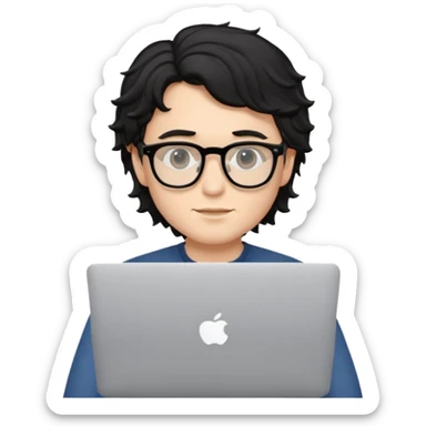 guy with wavy black hair and skin tone a little bit white and glasses, with a macbook sticker