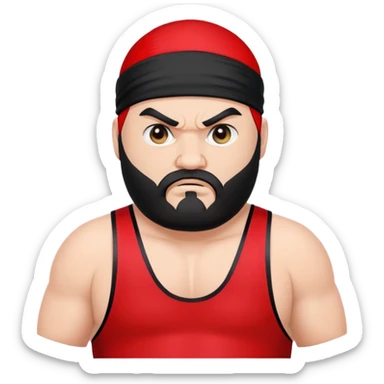 White skin fat guy with prominent black durag, black beard, black eyes in a red and black wrestling singlet with angry face sticker